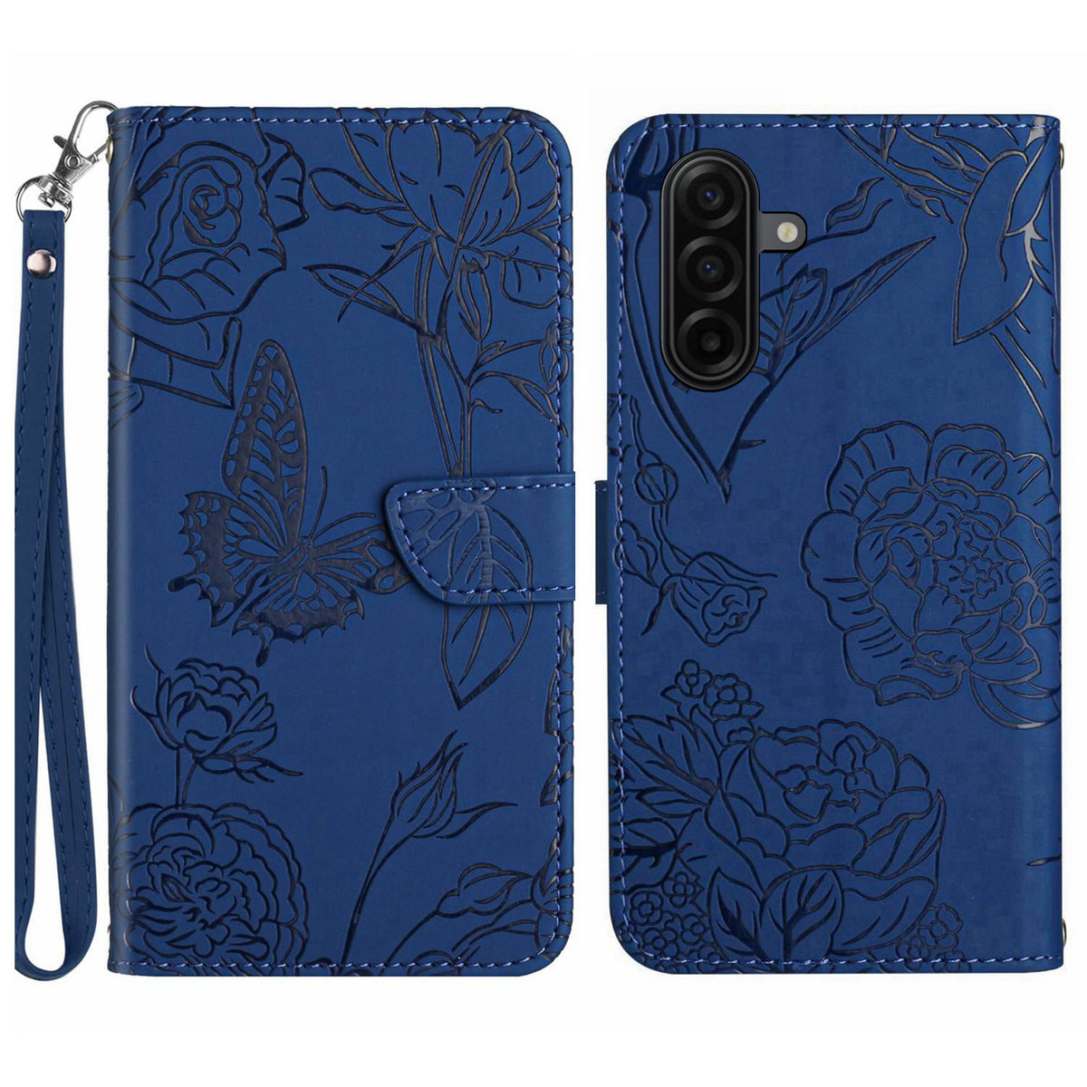 Til Samsung Galaxy S26 FE Cover med Håndledsrem Sommerfugleblomst Præget Læder Telefoncover
