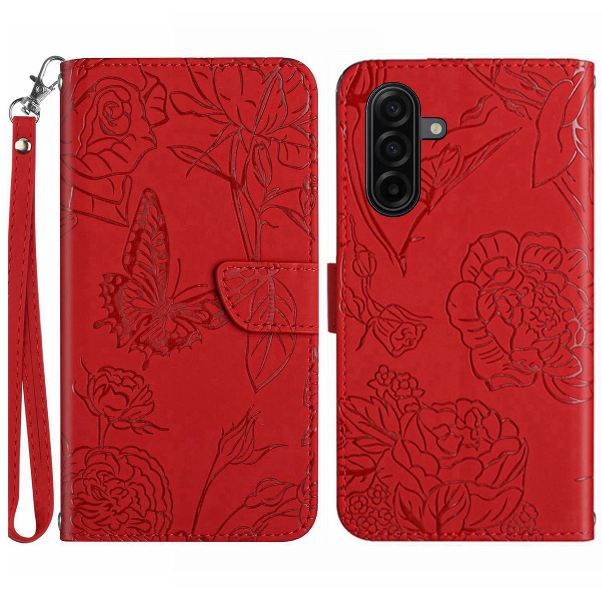 Til Samsung Galaxy S26 FE Cover med Håndledsrem Sommerfugleblomst Præget Læder Telefoncover