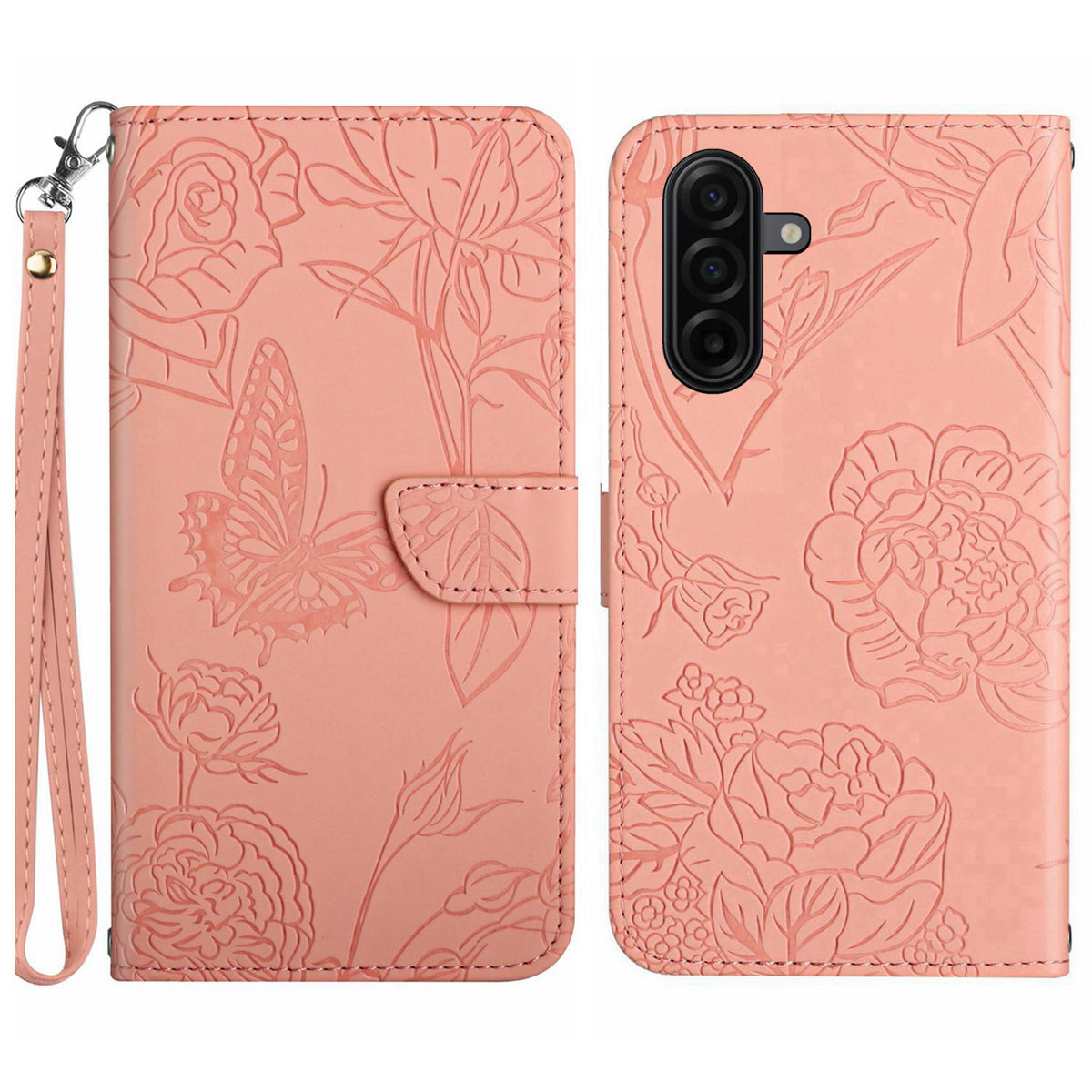 For Samsung Galaxy A27 5G Case with Wrist Strap Butterfly Flower Imprinted Leather Phone Cover