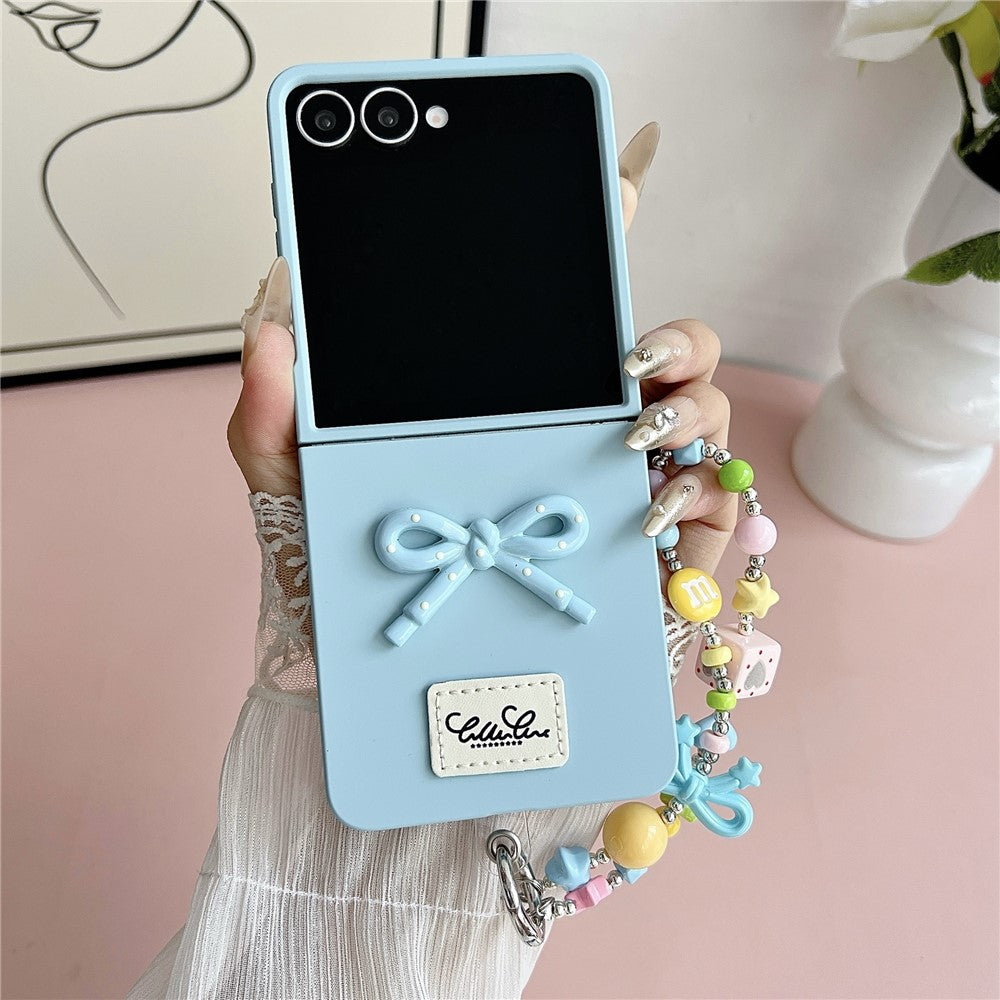 For Samsung Galaxy Z Flip7 5G Case 3D Bow Soft Touch Hard PC Phone Cover with Beaded Bracelet Strap