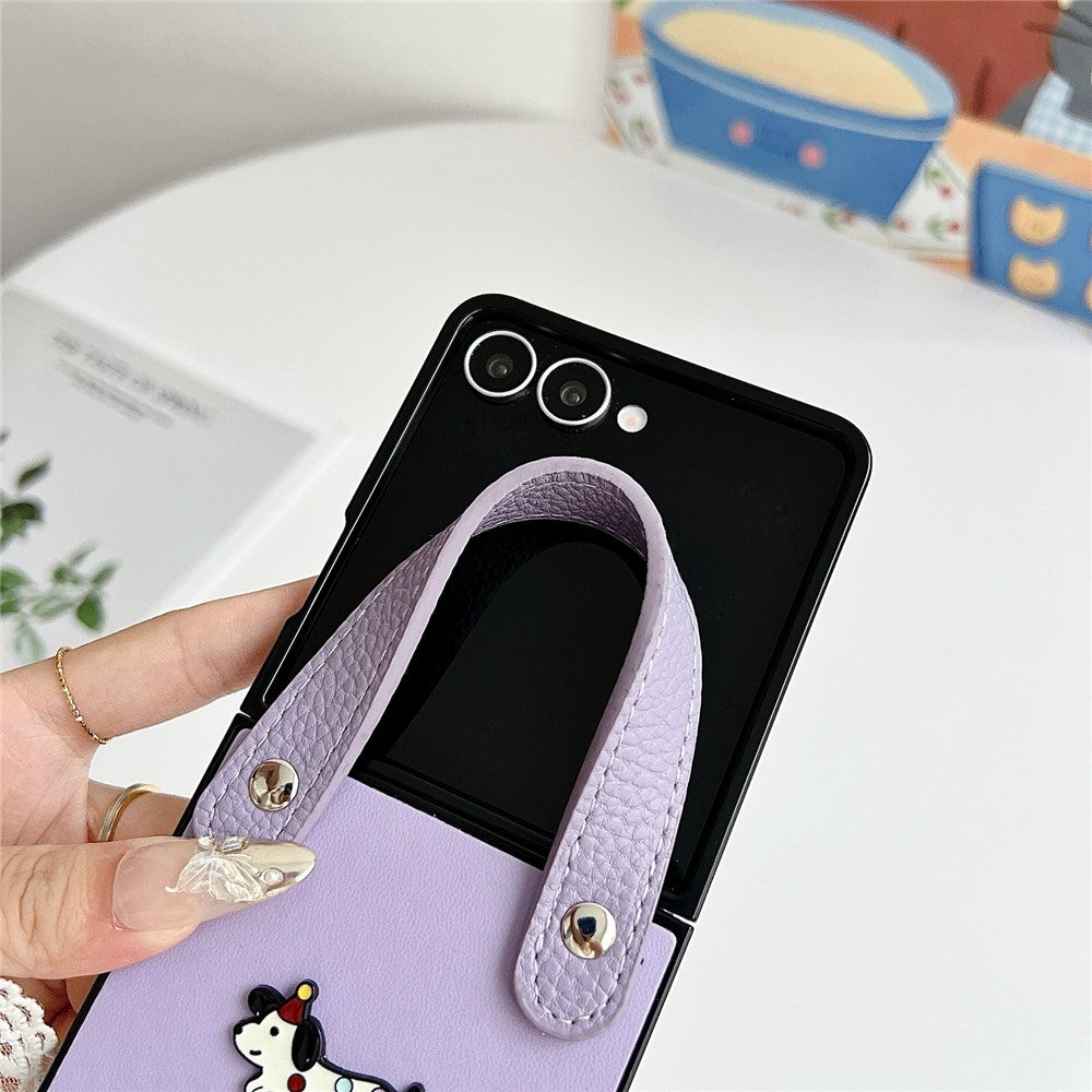 For Samsung Galaxy Z Flip7 5G Case Dachshund Pattern PU Leather + PC Protective Cover with Wrist Strap