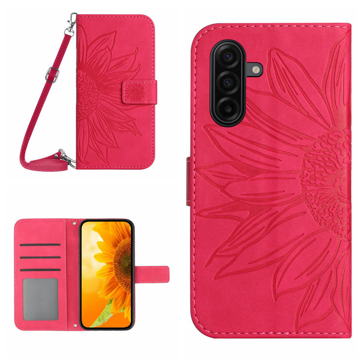 For Samsung Galaxy S26+ Wallet Case Sunflower Imprinted  PU Leather Phone Stand Cover with Shoulder Strap