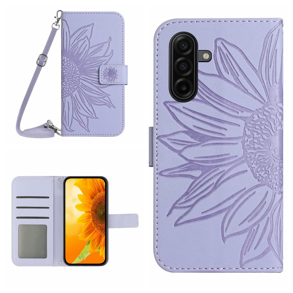 For Samsung Galaxy S25 Pung Etui med Solsikke Aftryk PU Læder Telefon Stand Cover med Skulderrem