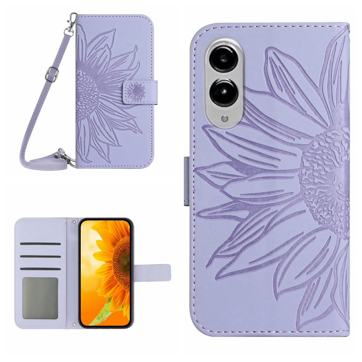 For Samsung Galaxy S25 Edge Wallet Case Sunflower Imprinted  PU Leather Phone Stand Cover with Shoulder Strap