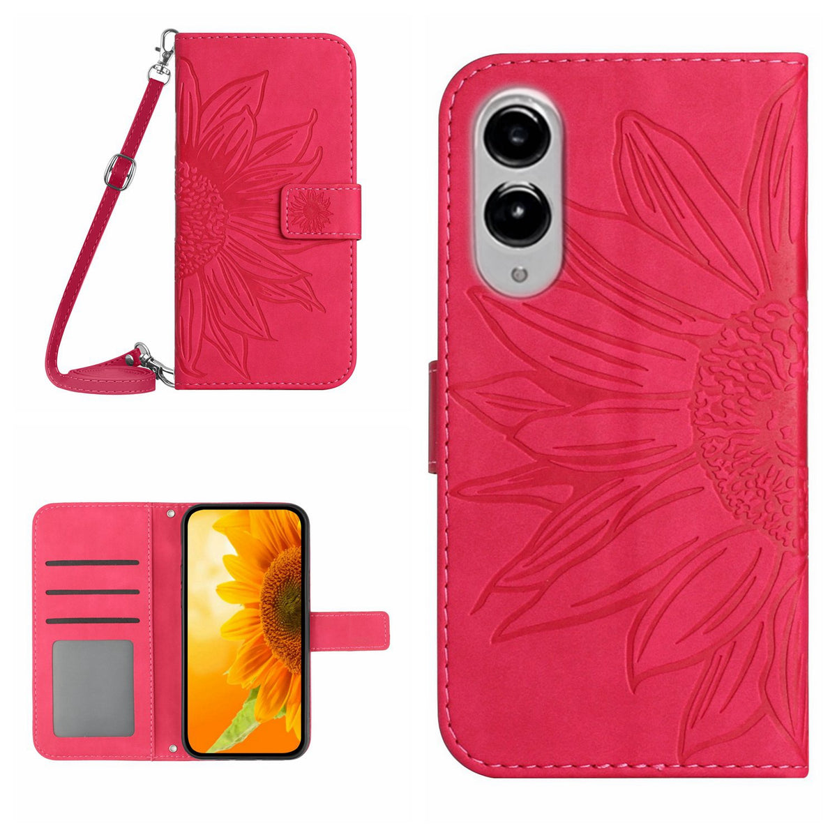 For Samsung Galaxy S25 Edge Wallet Case Sunflower Imprinted  PU Leather Phone Stand Cover with Shoulder Strap
