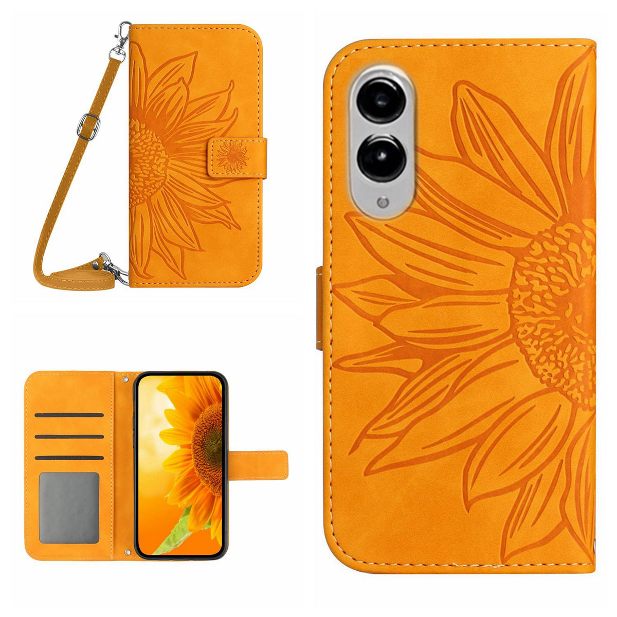 For Samsung Galaxy S25 Edge Wallet Case Sunflower Imprinted  PU Leather Phone Stand Cover with Shoulder Strap