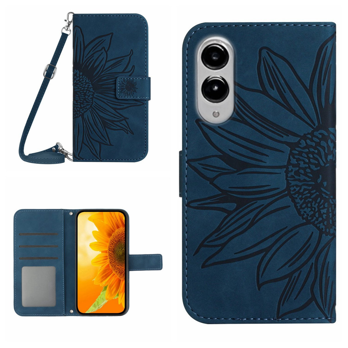 For Samsung Galaxy S25 Edge Wallet Case Sunflower Imprinted  PU Leather Phone Stand Cover with Shoulder Strap