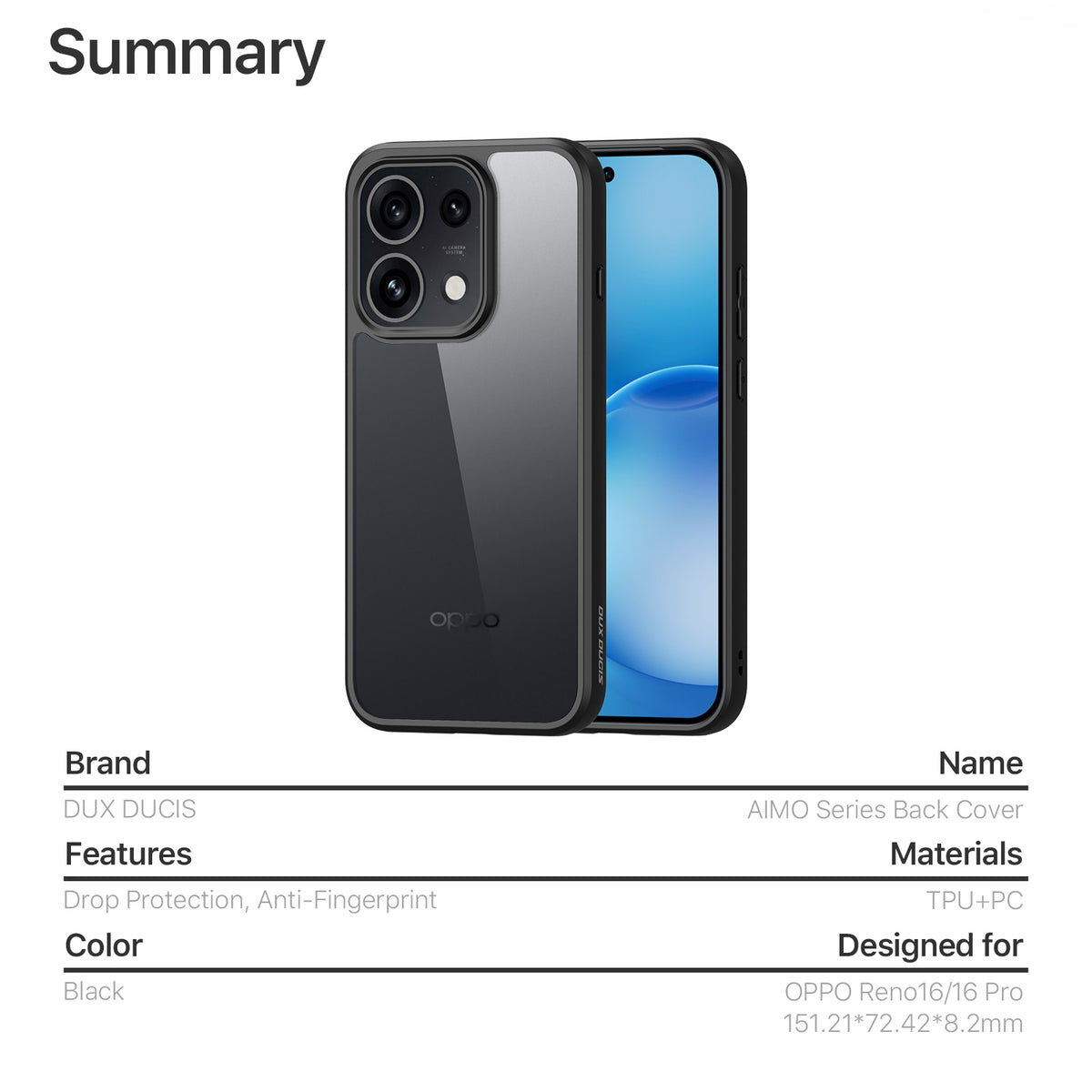 DUX DUCIS for Oppo Reno16 5G (Global) / Oppo Reno16 5G (China) / Oppo Reno16 Pro 5G (Global) Aimo Series PC + TPU Clear Back Phone Cover (REACH Certification)