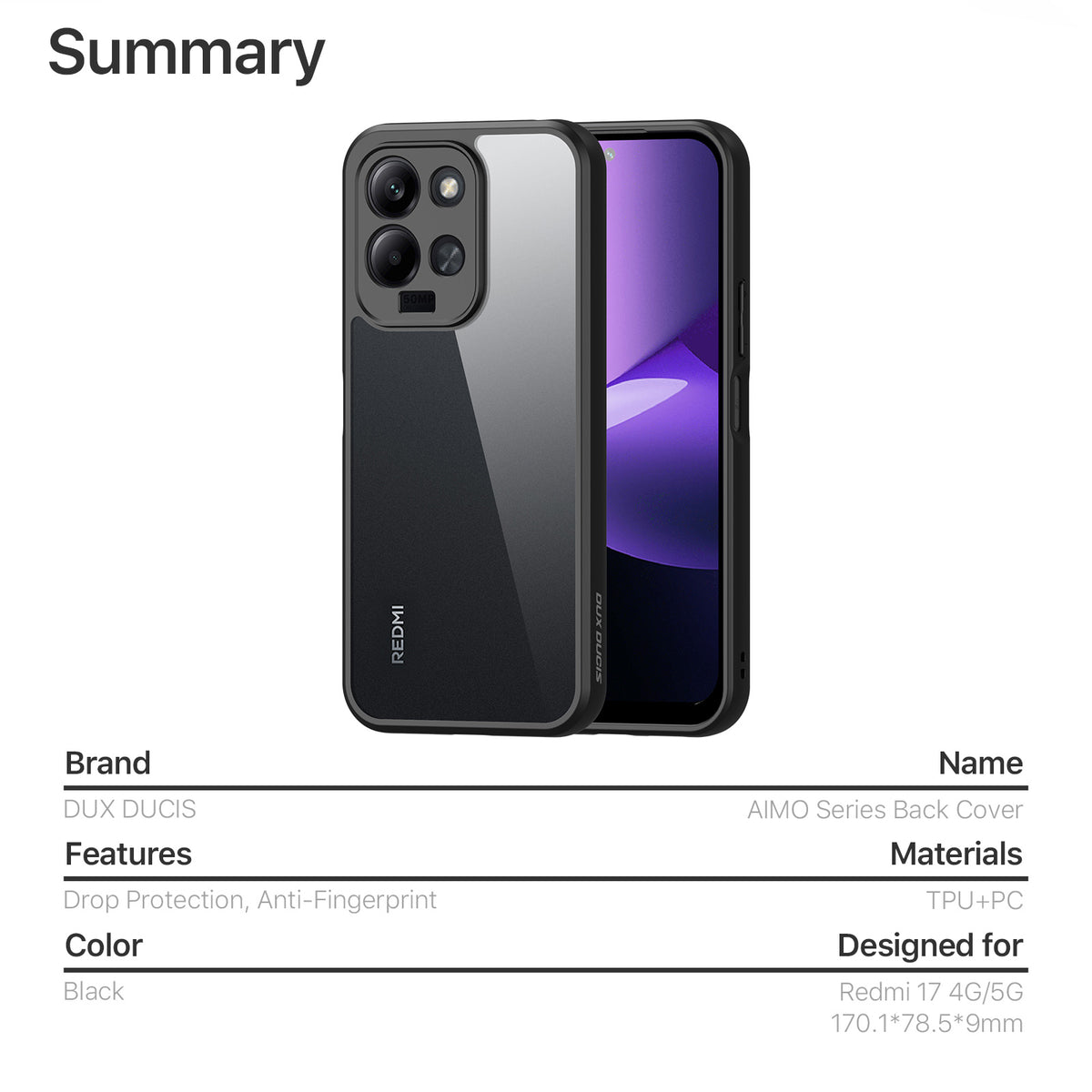 DUX DUCIS för Xiaomi Redmi 17 5G / Xiaomi Redmi 17 4G Aimo-serien PC + TPU genomskinligt bakstycke för mobil (REACH-certifiering)