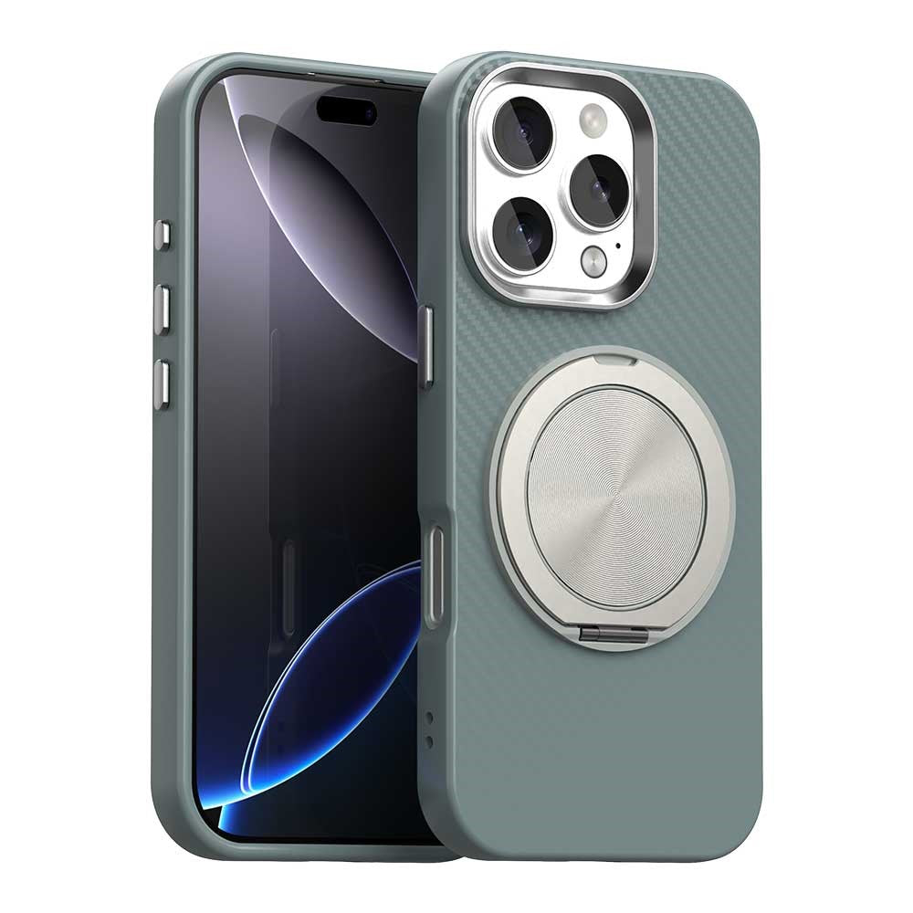 Til iPhone 16 Pro Max cover Roterende magnetisk støttefod Kulfibertekstur TPU + PET + PC telefoncover