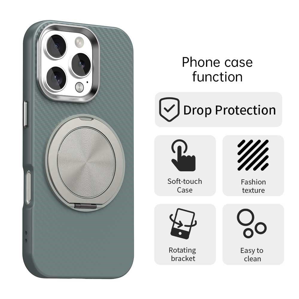 Til iPhone 16 Pro Max cover Roterende magnetisk støttefod Kulfibertekstur TPU + PET + PC telefoncover