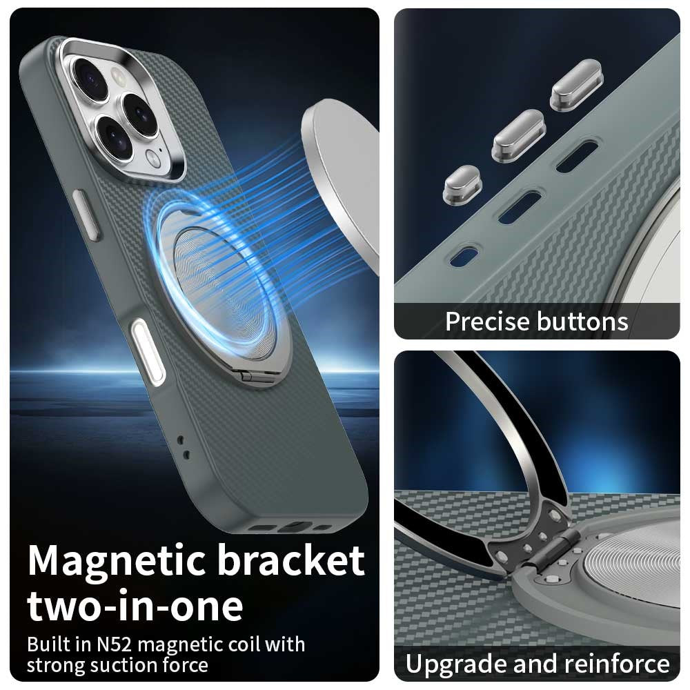 Til iPhone 16 Pro Max cover Roterende magnetisk støttefod Kulfibertekstur TPU + PET + PC telefoncover