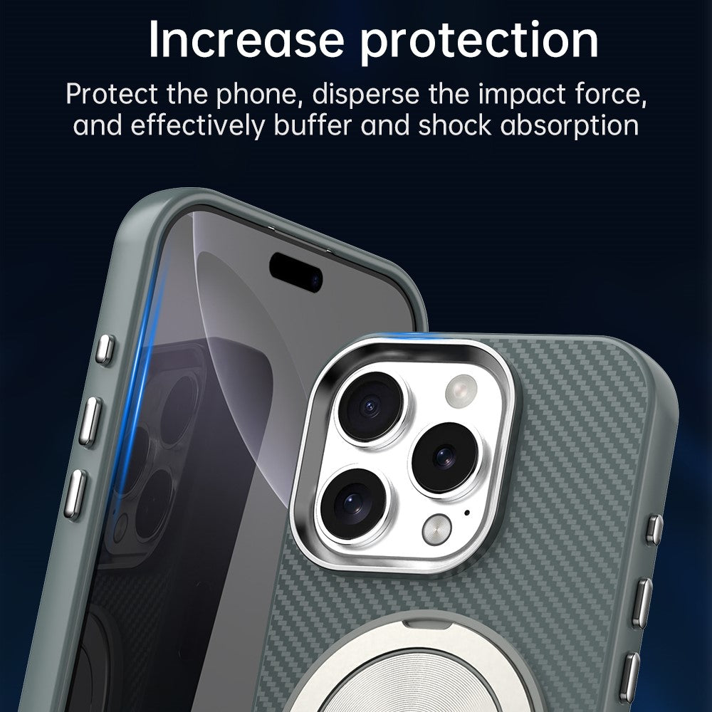 Til iPhone 16 Pro Max cover Roterende magnetisk støttefod Kulfibertekstur TPU + PET + PC telefoncover