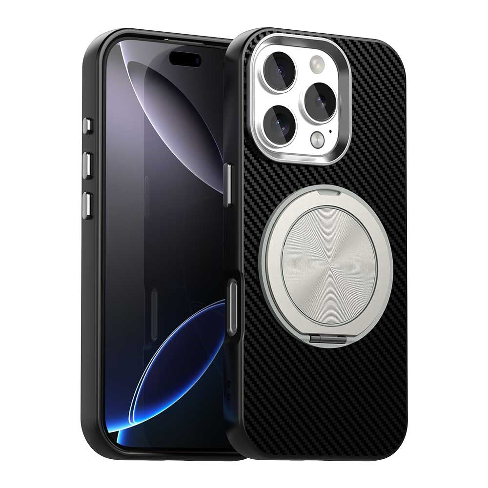 Til iPhone 16 Pro Max cover Roterende magnetisk støttefod Kulfibertekstur TPU + PET + PC telefoncover