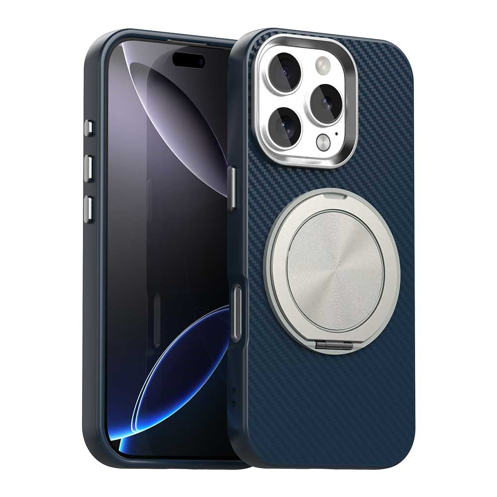 Til iPhone 16 Pro Max cover Roterende magnetisk støttefod Kulfibertekstur TPU + PET + PC telefoncover
