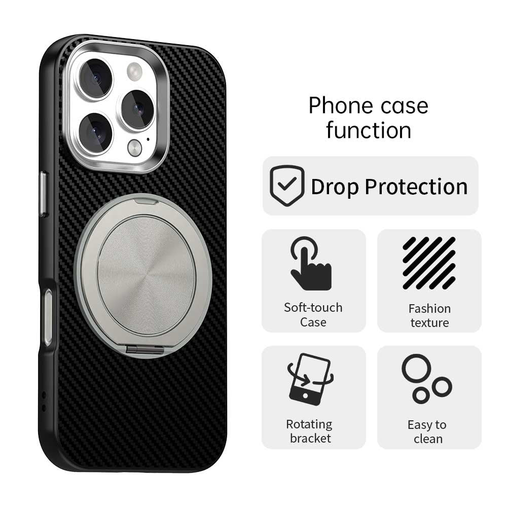 For iPhone 16 Pro Case Rotating Magnetic Kickstand Carbon Fiber Texture TPU + PET + PC Phone Cover