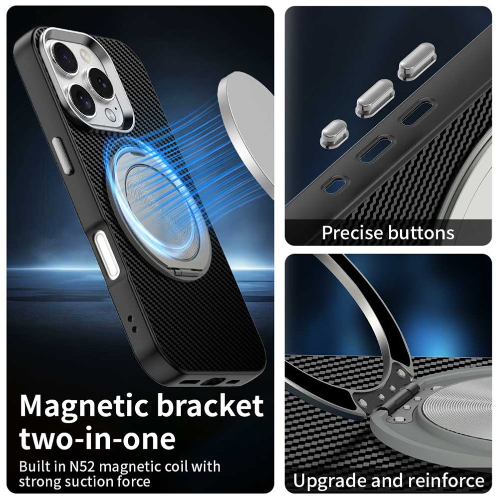 For iPhone 16 Pro Case Rotating Magnetic Kickstand Carbon Fiber Texture TPU + PET + PC Phone Cover