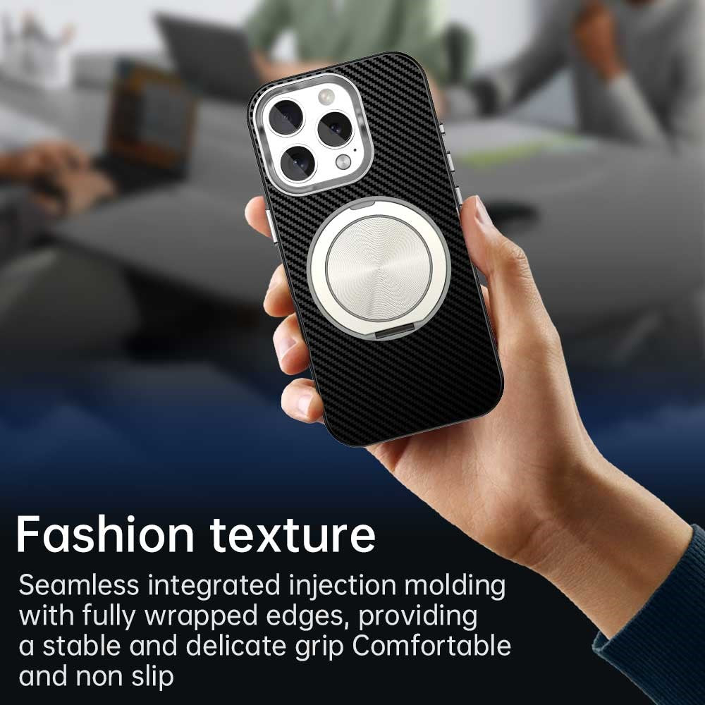 For iPhone 16 Pro Case Rotating Magnetic Kickstand Carbon Fiber Texture TPU + PET + PC Phone Cover