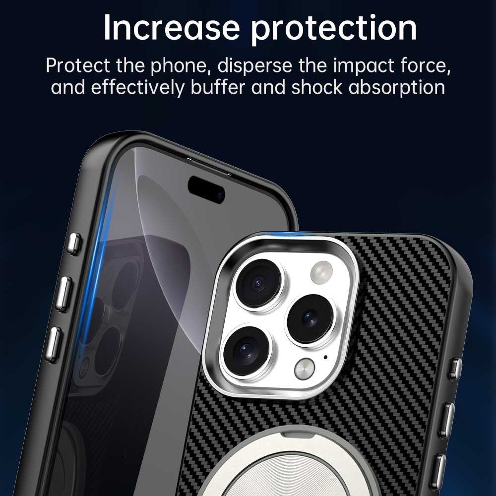 For iPhone 16 Pro Case Rotating Magnetic Kickstand Carbon Fiber Texture TPU + PET + PC Phone Cover