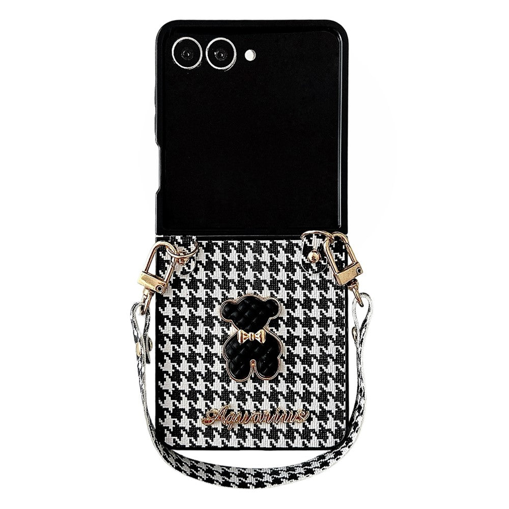 For Samsung Galaxy Z Flip7 5G Case Bear Charm PU Leather + PC Phone Cover with Wrist Strap