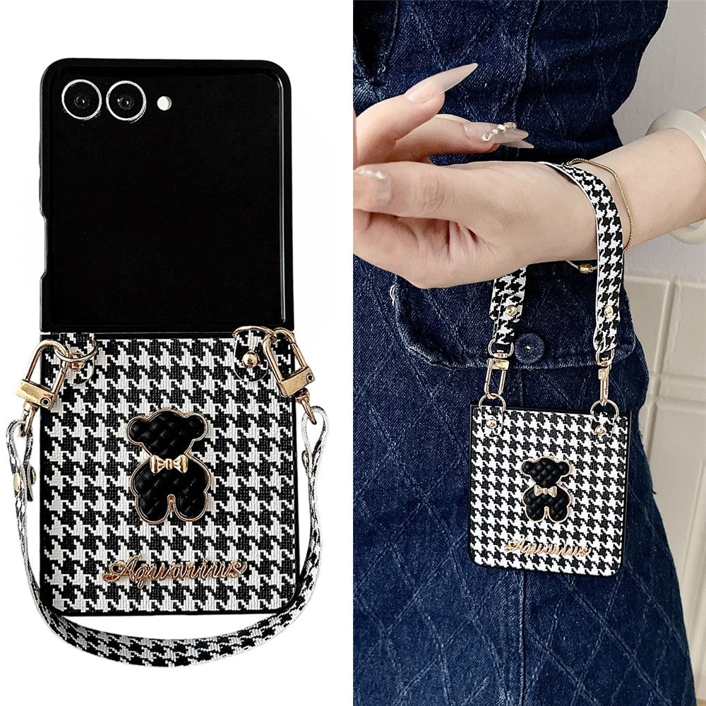 For Samsung Galaxy Z Flip7 5G Case Bear Charm PU Leather + PC Phone Cover with Wrist Strap