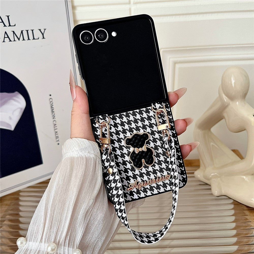 For Samsung Galaxy Z Flip7 5G Case Bear Charm PU Leather + PC Phone Cover with Wrist Strap