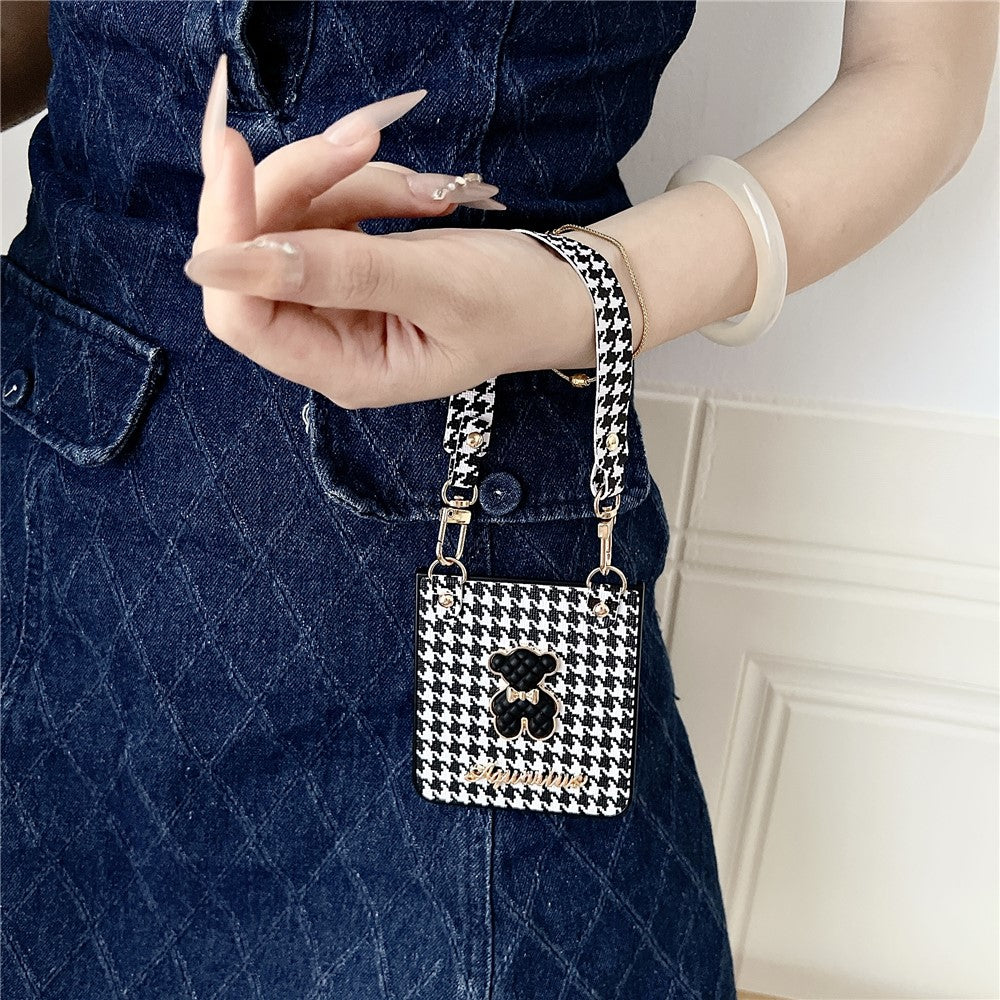 For Samsung Galaxy Z Flip7 5G Case Bear Charm PU Leather + PC Phone Cover with Wrist Strap