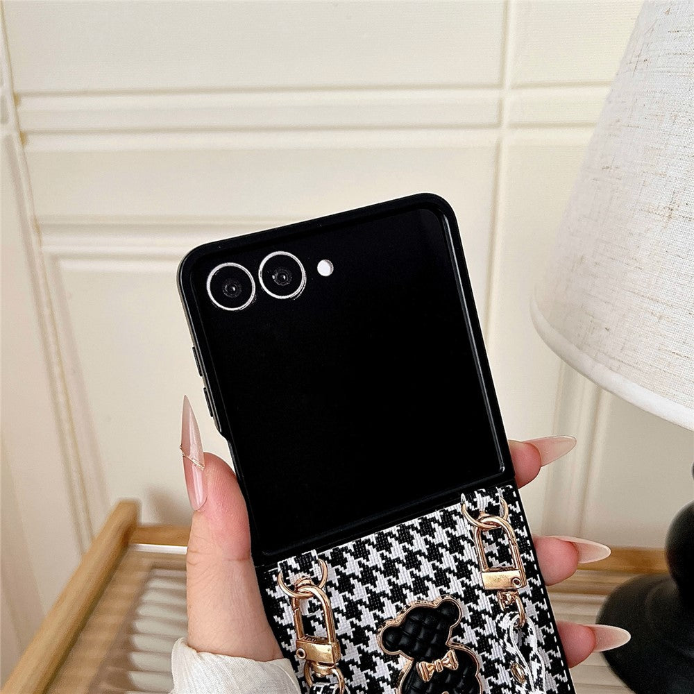 For Samsung Galaxy Z Flip7 5G Case Bear Charm PU Leather + PC Phone Cover with Wrist Strap