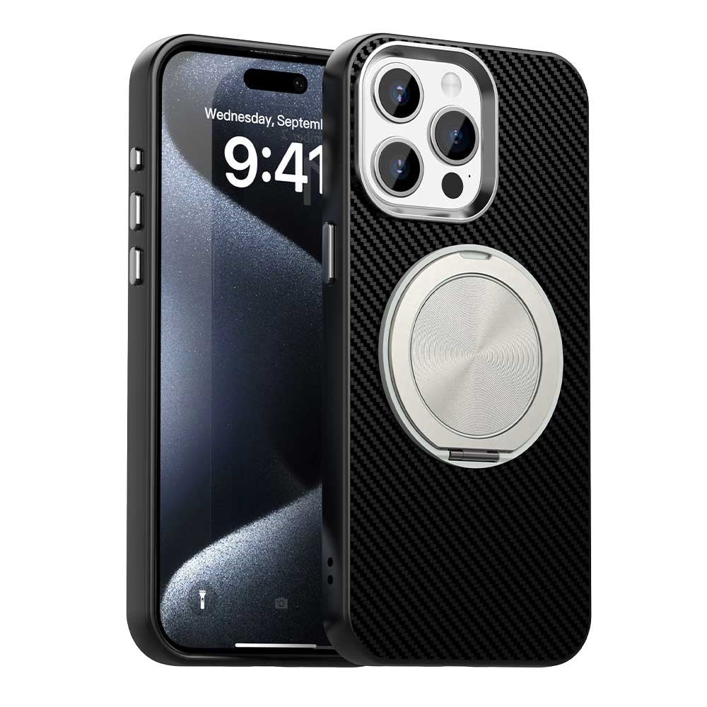 For iPhone 15 Pro Case Rotating Magnetic Kickstand Carbon Fiber Texture TPU + PET + PC Phone Cover