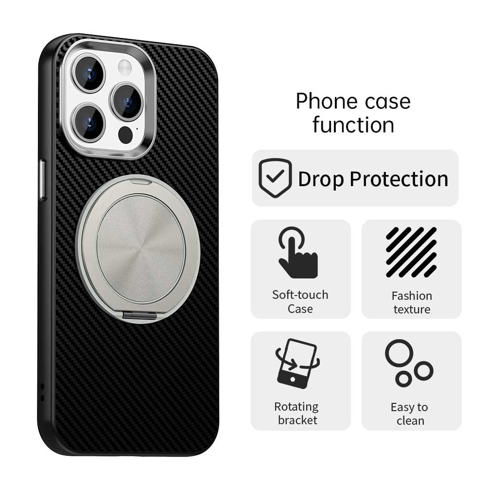 For iPhone 15 Pro Case Rotating Magnetic Kickstand Carbon Fiber Texture TPU + PET + PC Phone Cover