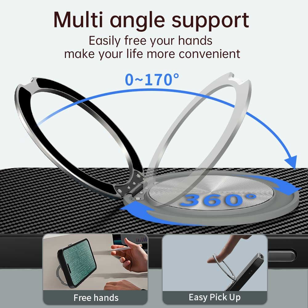 For iPhone 15 Pro Case Rotating Magnetic Kickstand Carbon Fiber Texture TPU + PET + PC Phone Cover