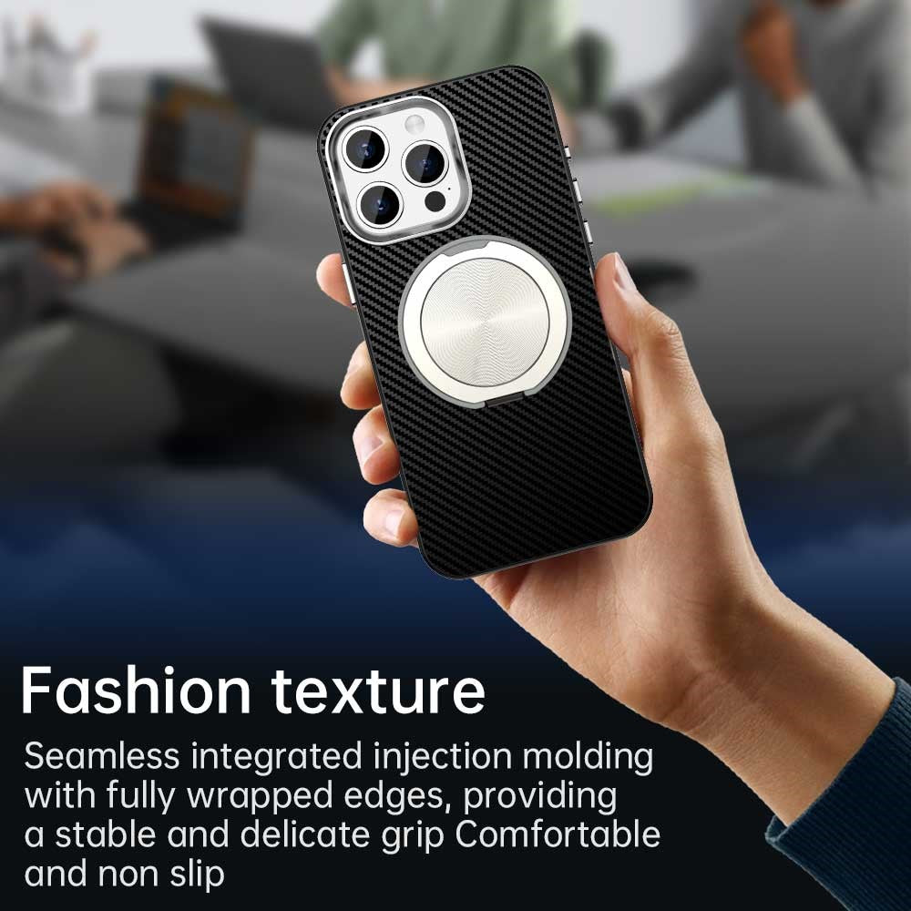 For iPhone 15 Pro Case Rotating Magnetic Kickstand Carbon Fiber Texture TPU + PET + PC Phone Cover