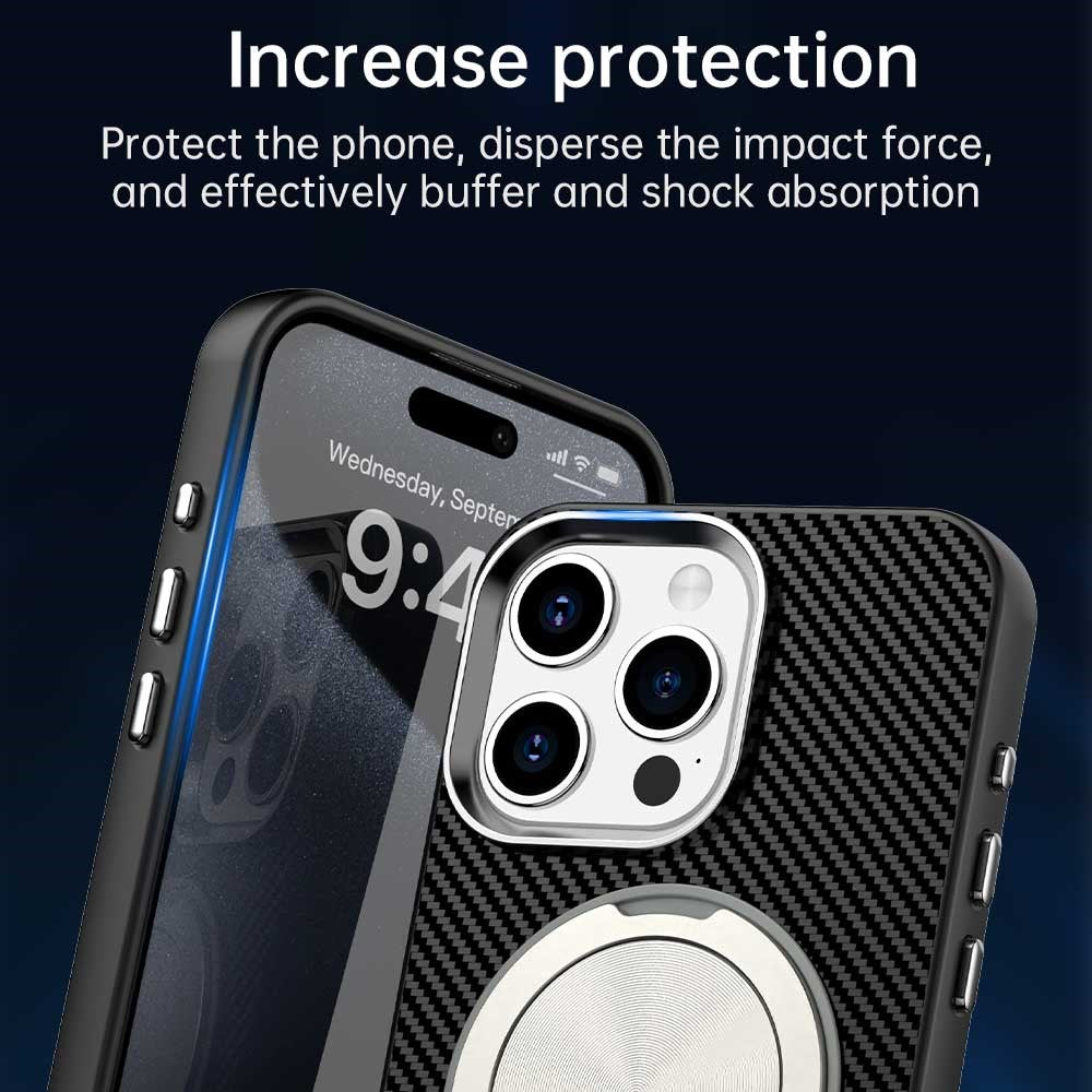 For iPhone 15 Pro Case Rotating Magnetic Kickstand Carbon Fiber Texture TPU + PET + PC Phone Cover