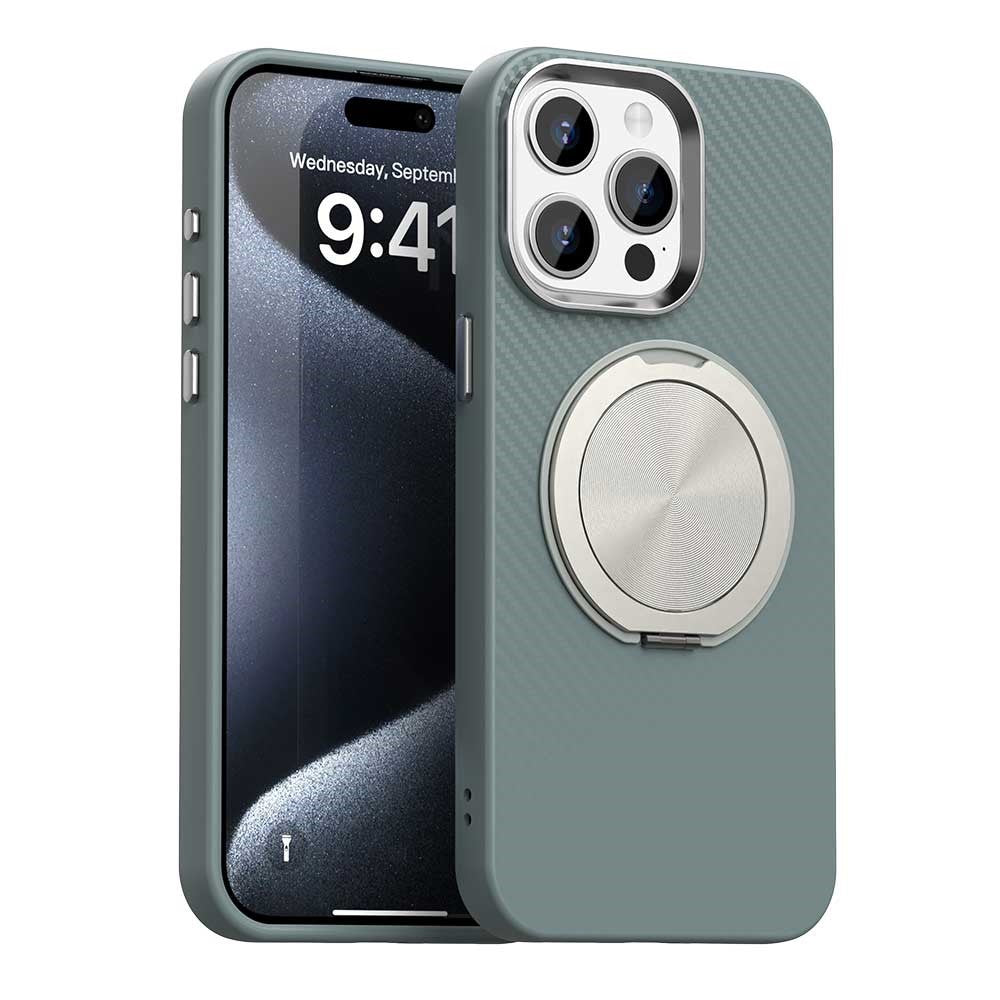 For iPhone 15 Pro Case Rotating Magnetic Kickstand Carbon Fiber Texture TPU + PET + PC Phone Cover