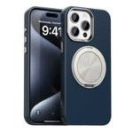 For iPhone 15 Pro Case Rotating Magnetic Kickstand Carbon Fiber Texture TPU + PET + PC Phone Cover