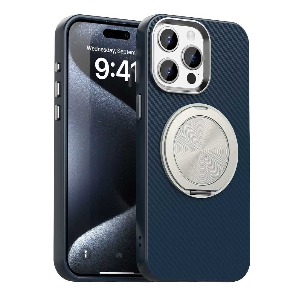 For iPhone 15 Pro Case Rotating Magnetic Kickstand Carbon Fiber Texture TPU + PET + PC Phone Cover
