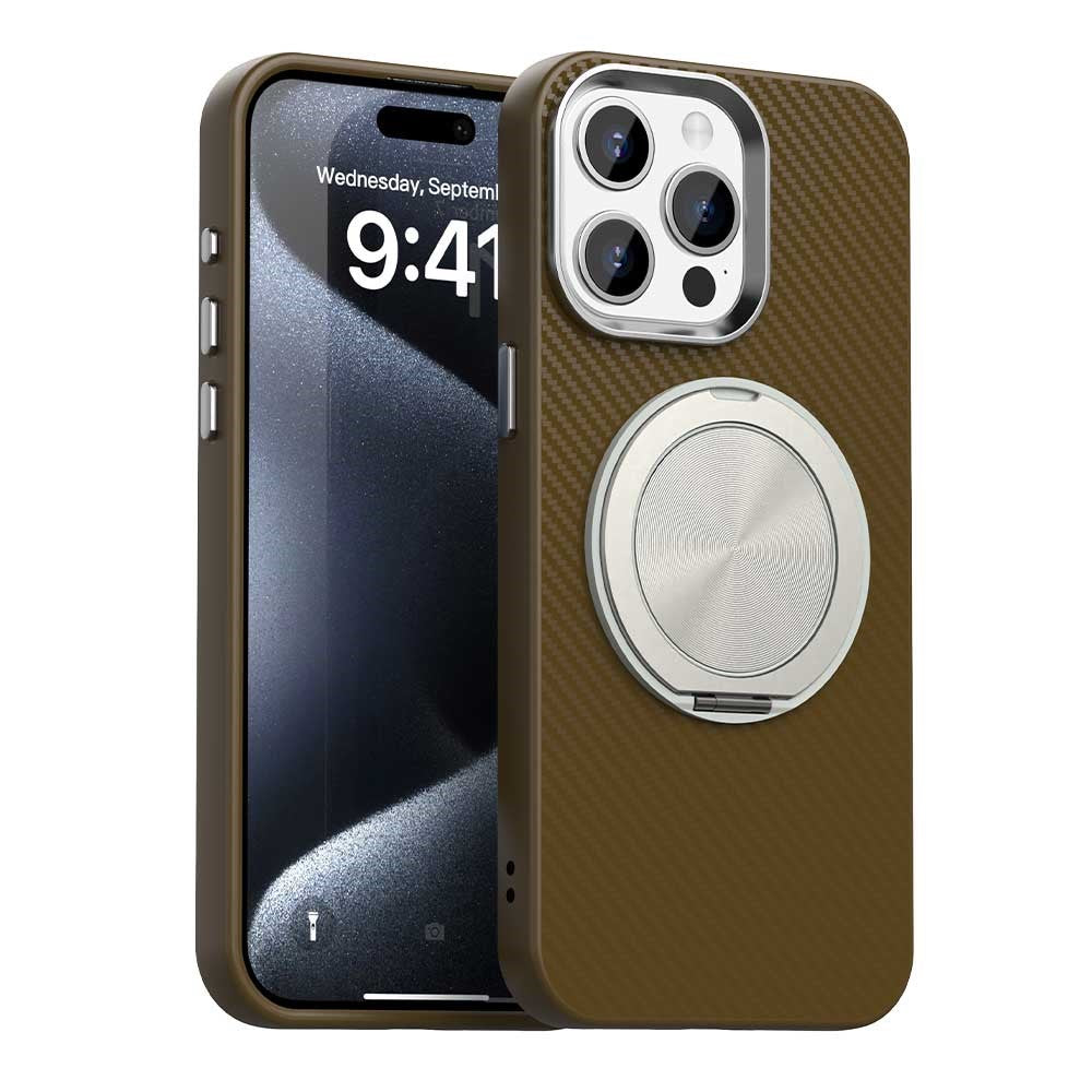 For iPhone 15 Pro Case Rotating Magnetic Kickstand Carbon Fiber Texture TPU + PET + PC Phone Cover