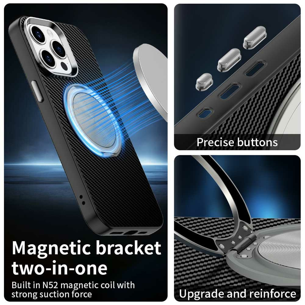 For iPhone 14 Pro Max Case Rotating Magnetic Kickstand Carbon Fiber Texture TPU + PET + PC Phone Cover