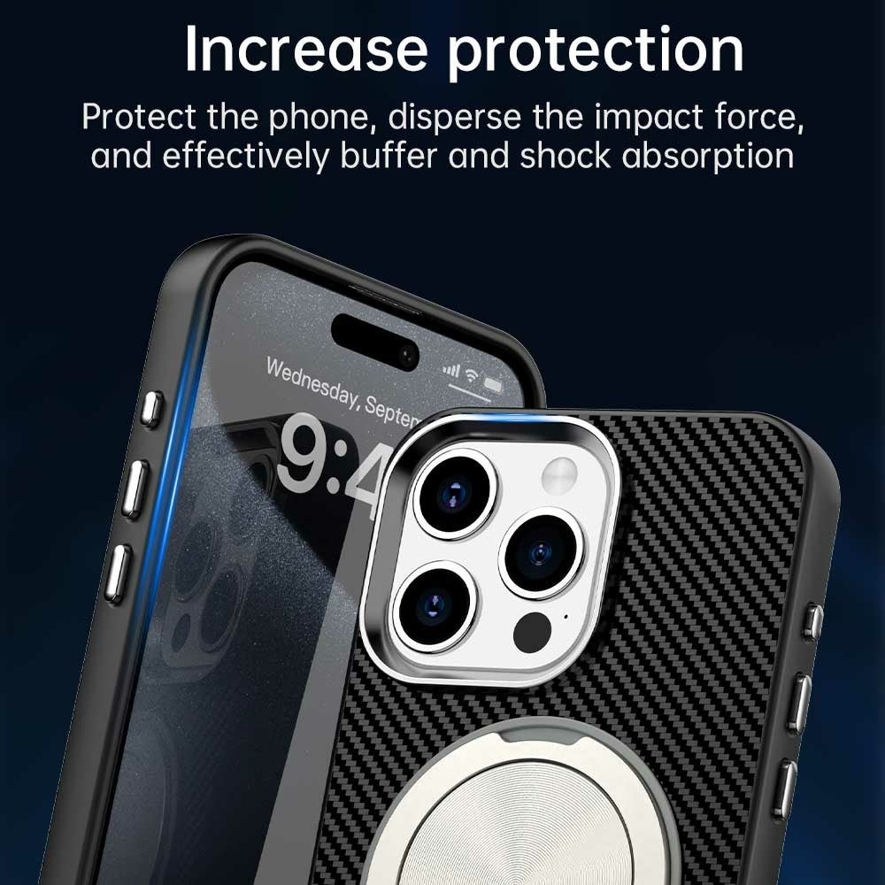 For iPhone 14 Pro Max Case Rotating Magnetic Kickstand Carbon Fiber Texture TPU + PET + PC Phone Cover