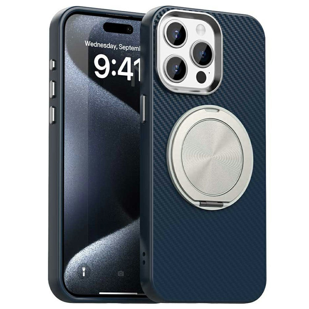 For iPhone 13 Pro Max Case Rotating Magnetic Kickstand Carbon Fiber Texture TPU + PET + PC Phone Cover