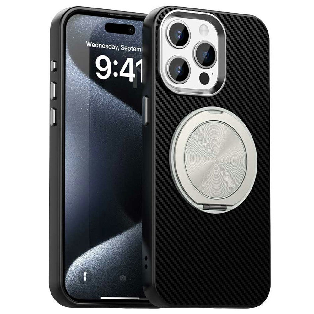 For iPhone 13 Pro Case Rotating Magnetic Kickstand Carbon Fiber Texture TPU + PET + PC Phone Cover