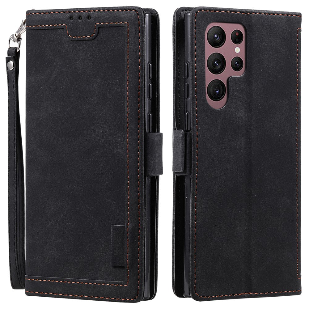 For Samsung Galaxy S23 Ultra Retro Splicing Style PU Leather Shockproof Phone Case Wallet Stand Folio Flip Cover with Strap