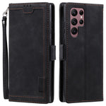 For Samsung Galaxy S23 Ultra Retro Splicing Style PU Leather Shockproof Phone Case Wallet Stand Folio Flip Cover with Strap