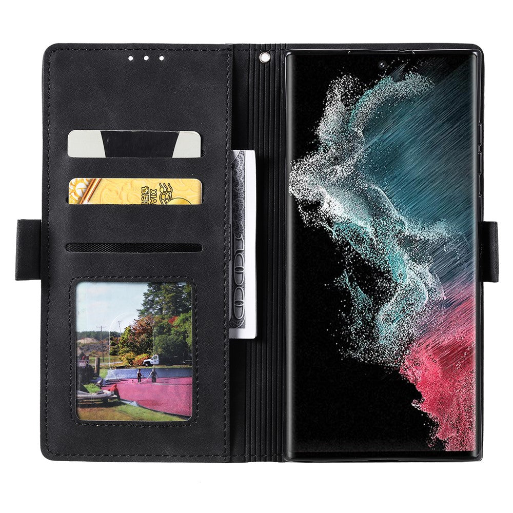 For Samsung Galaxy S23 Ultra Retro Splicing Style PU Leather Shockproof Phone Case Wallet Stand Folio Flip Cover with Strap