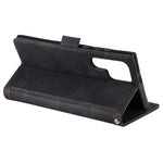 For Samsung Galaxy S23 Ultra Retro Splicing Style PU Leather Shockproof Phone Case Wallet Stand Folio Flip Cover with Strap