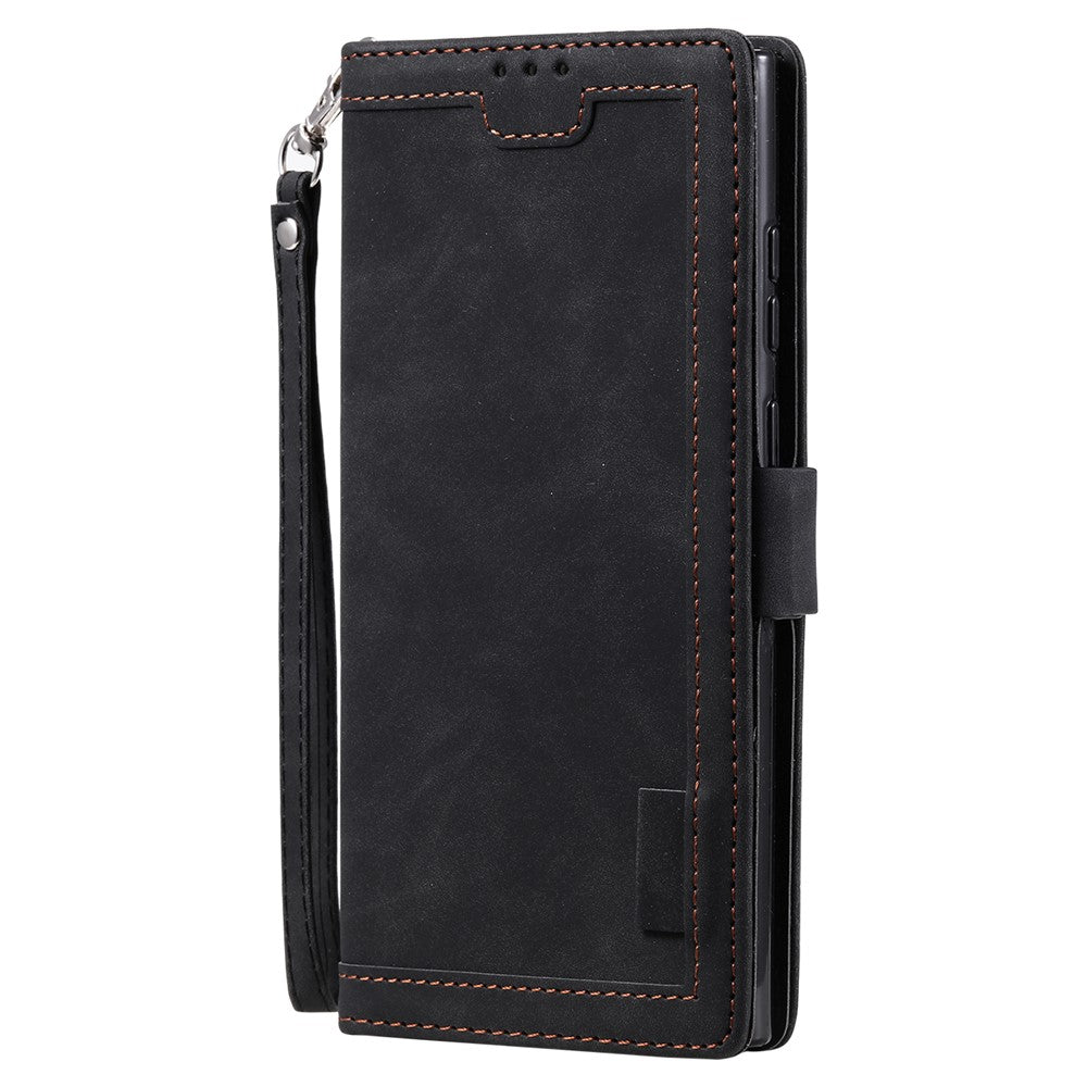For Samsung Galaxy S23 Ultra Retro Splicing Style PU Leather Shockproof Phone Case Wallet Stand Folio Flip Cover with Strap