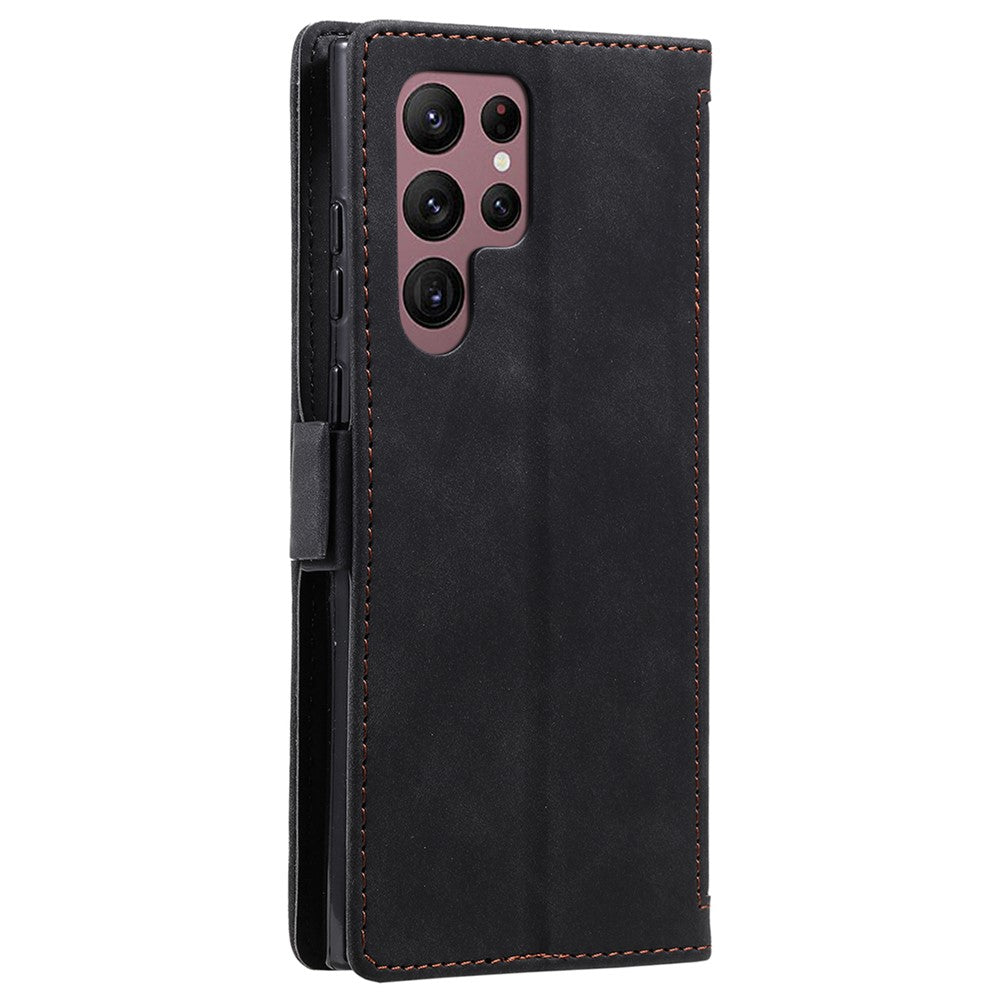 For Samsung Galaxy S23 Ultra Retro Splicing Style PU Leather Shockproof Phone Case Wallet Stand Folio Flip Cover with Strap