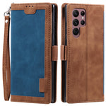 For Samsung Galaxy S23 Ultra Retro Splicing Style PU Leather Shockproof Phone Case Wallet Stand Folio Flip Cover with Strap