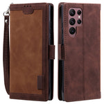 For Samsung Galaxy S23 Ultra Retro Splicing Style PU Leather Shockproof Phone Case Wallet Stand Folio Flip Cover with Strap