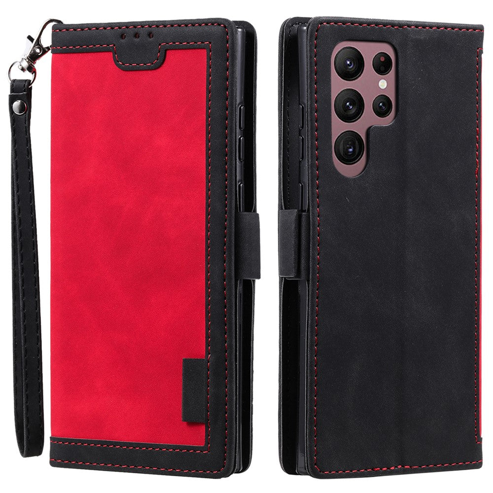For Samsung Galaxy S23 Ultra Retro Splicing Style PU Leather Shockproof Phone Case Wallet Stand Folio Flip Cover with Strap